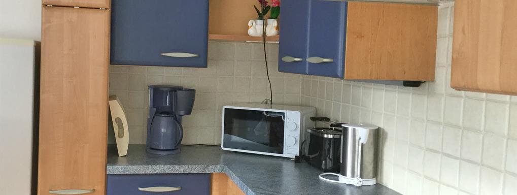 Eine moderne Küche mit Holz- und blauen Schränken. Sie enthält Küchengeräte wie einen Wasserkocher, eine Mikrowelle und eine Kaffeemaschine. - Haus Max - Huben