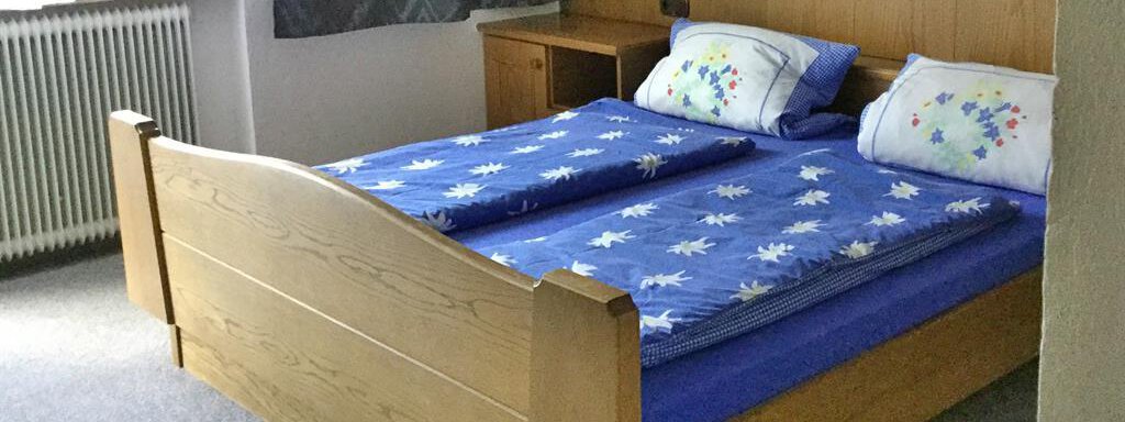 Ein schlichtes Schlafzimmer mit einem Doppelbett und einer einfachen Holzkommode. Die Wände sind in warmen Holzfarben, und die Bettwäsche ist blau mit einem Blumenmuster. - Haus Max - Huben