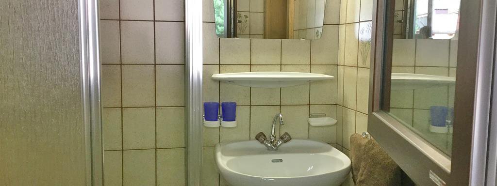 Ein kleines Badezimmer mit Fliesen und einem Waschbecken. Im Hintergrund sind Spiegel und eine Duschkabine sichtbar. - Haus Max - Huben