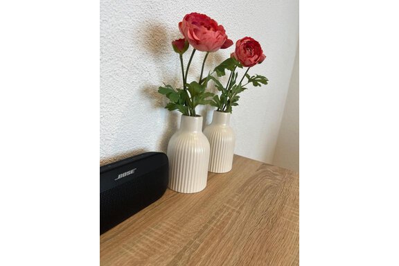 Zwei weiße Vasen mit rosa Blumen stehen auf einem Holztisch. Neben den Vasen liegt ein schwarzes Lautsprechersystem. - ONO Apartments - Huben