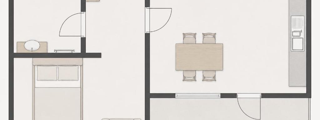 Eine moderne Grundrisszeichnung einer kleinen Wohnung. Die Räume umfassen ein Schlafzimmer, ein Badezimmer und einen offenen Wohnbereich mit Essplatz und Küche. - ONO Apartments - Huben