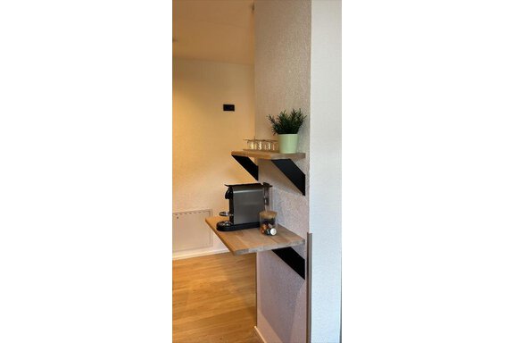 Eine moderne Küchenzeile mit einer Holztischplatte und schwarzen Regalen. Auf den Regalen stehen eine Kaffeemaschine und eine kleine Pflanze. - ONO Apartments - Huben
