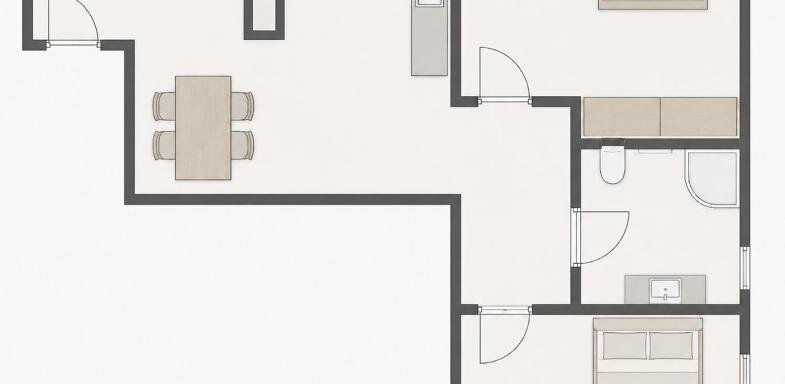 Eine Grundrissdarstellung eines modernen Wohnraums. Der Plan zeigt zwei Schlafzimmer, ein Wohnzimmer und eine Küche. - ONO Apartments - Huben