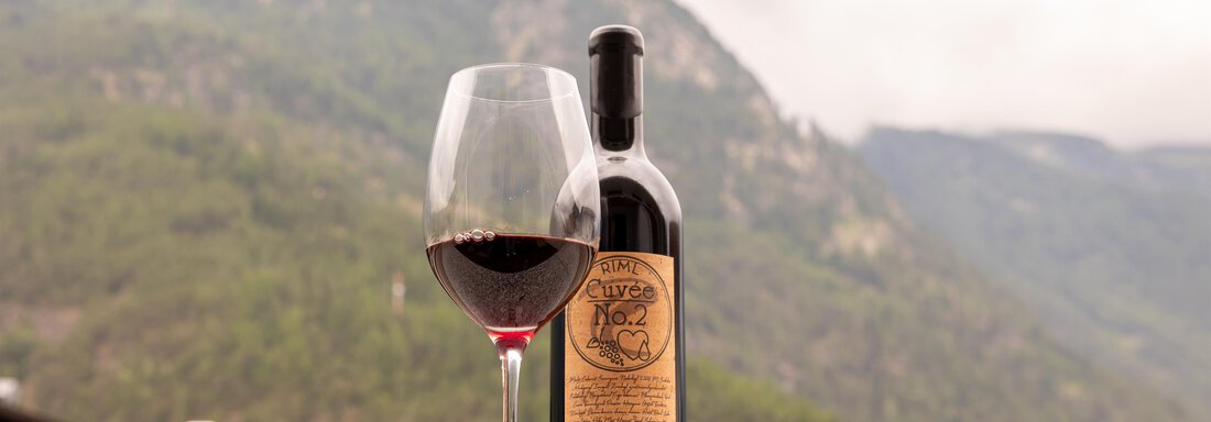 Ein Glas Rotwein steht neben einer Flasche auf einem Tisch mit Berglandschaft im Hintergrund. Die Atmosphäre ist ruhig und einladend. - Alpenappartement Central Valley Penthouse - Längenfeld