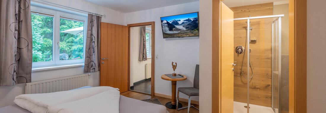 A cozy room with two beds, a window with a view of greenery, and a modern bathroom. Next to the bed, there is a table with a chair and a small decorative element. - Apart Conny - Längenfeld
