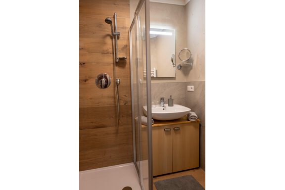 A modern bathroom with a glass shower and a sink. The walls are in neutral colors, and wooden paneling adds a pleasant atmosphere. - Apart Conny - Längenfeld