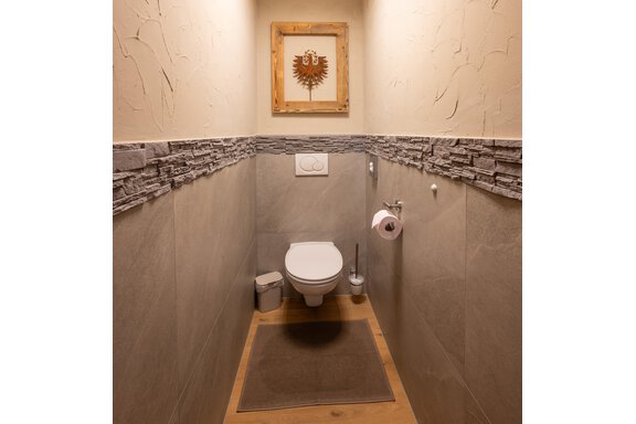 A simple bathroom with modern tiles and a separate toilet. A decorative picture hangs on the wall. - Apart Conny - Längenfeld