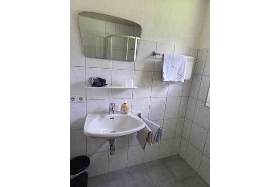 Ein modernes Badezimmer mit einem Waschbecken, einem Spiegel und Handtüchern. Der Raum ist hell und einfach eingerichtet. - Apart Luca - Längenfeld