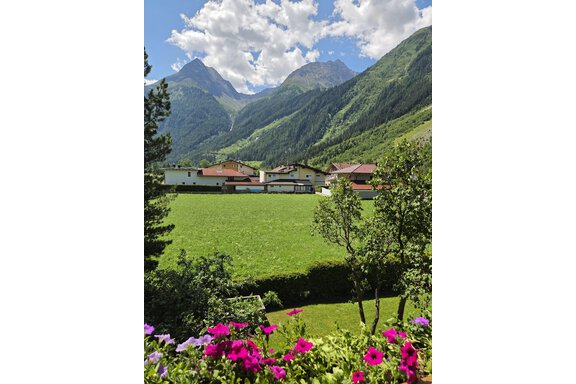 Ein malerisches Bergdorf mit bunten Blumen im Vordergrund. Die umliegenden grünen Wiesen und majestätischen Berge verleihen der Landschaft eine idyllische Stimmung. - Apart Luca - Längenfeld