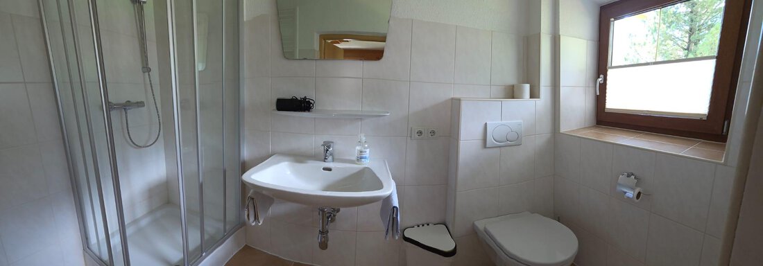 Ein modernes Badezimmer mit Dusche, Waschbecken und Toilette. Es hat ein Fenster, das natürliches Licht hereinlässt. - Apart Luca - Längenfeld