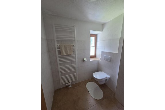 Ein modernes Badezimmer mit einem Toilette, einem Handtuchhalter und einem Fenster. Die Wände sind hell gefliest und der Boden ist aus Fliesen. - Apart Luca - Längenfeld