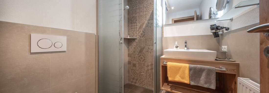 Ein modernes Badezimmer mit einer großzügigen Dusche und einer eleganten Waschbecken-Einheit. Die Einrichtung ist hell und einladend, mit neutralen Farbtönen und akzentuierten Handtüchern. - Appart Klotz Alpenglück - Längenfeld
