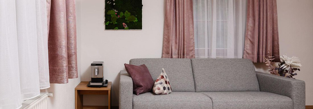 Ein modernes Wohnzimmer mit einem grauen Sofa und dekorativen Kissen. Die Wände sind hell, mit Vorhängen in sanften Farbtönen und einem Pflanzenbild. - Appart Klotz Alpenglück - Längenfeld