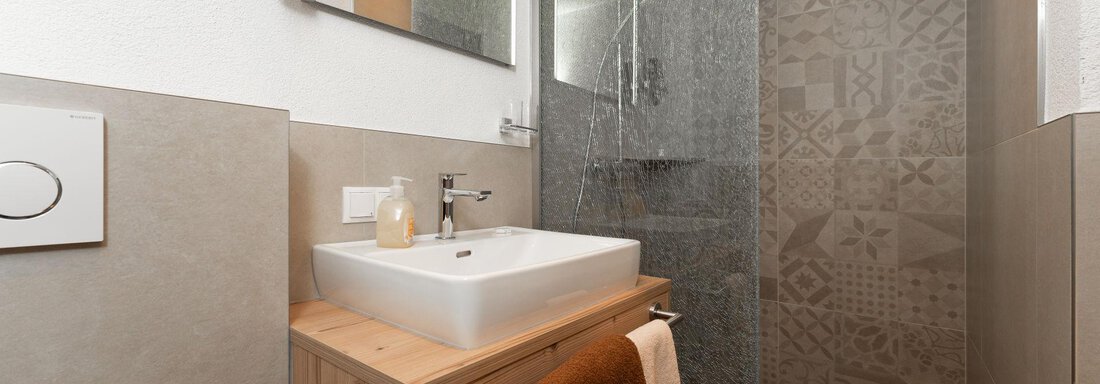 Ein modernes Badezimmer mit einer Dusche und einem Waschbecken aus weißem Keramik. Die Wände sind in neutralen Tönen gehalten und wirken hell und einladend. - Appart Klotz Alpenglück - Längenfeld