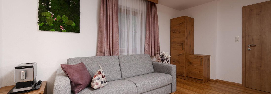 Ein modernes Wohnzimmer mit einem grauen Sofa und einem bunten Teppich. An der Wand hängt ein kunstvolles Bild, und es gibt einen Holzschrank sowie einen Tisch. - Appart Klotz Alpenglück - Längenfeld