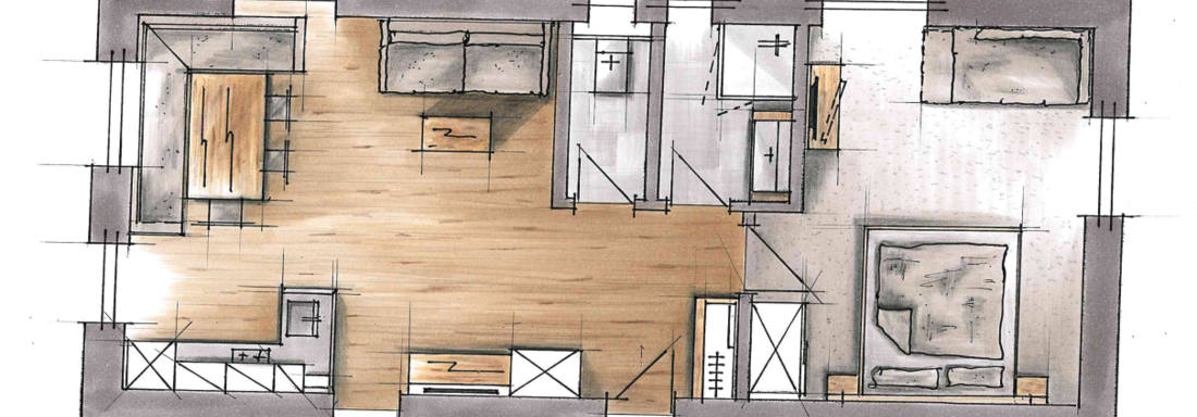 Eine Grundrisszeichnung eines modernen Wohnraums mit mehreren Zimmern. Der Plan zeigt eine offene Küche, ein Wohnzimmer und Schlafzimmer. - Appart Klotz Alpenglück - Längenfeld