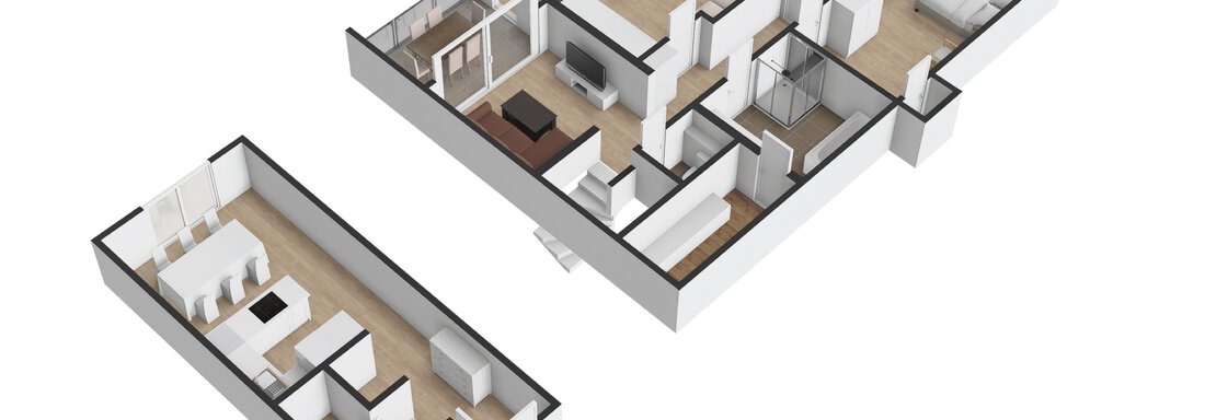Eine moderne Wohnung mit mehreren Zimmern und einem offenen Wohnbereich. Die Darstellung zeigt eine klare Struktur und funktionale Anordnung der Räume. - Das Berg Loft - Längenfeld