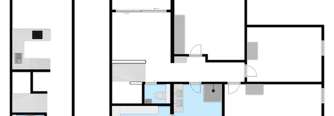 Eine schematische Darstellung einer Wohnung mit mehreren Räumen. Der Grundriss zeigt die Anordnung von Küche, Bad und weiteren Wohnräumen. - Das Berg Loft - Längenfeld