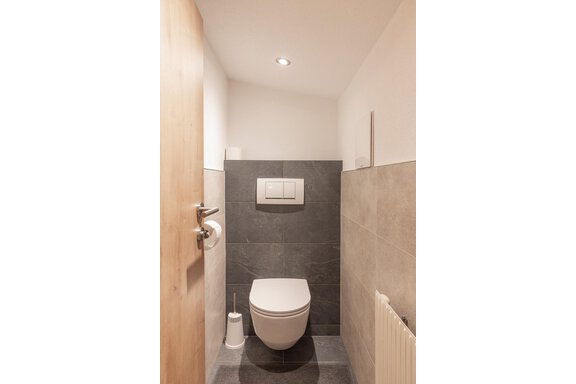 A modern bathroom with a white toilet and gray tiles. On the wall, there is a flush tank and a towel holder. - Gästehaus Waltraud - Längenfeld