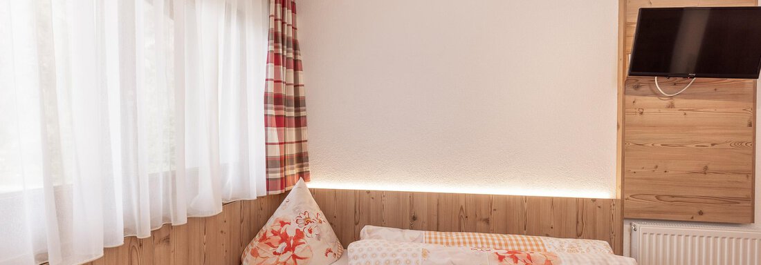 A cozy room with a single bed and wood paneling. Bright curtains let in a lot of light and a television is mounted on the wall. - Gästehaus Waltraud - Längenfeld