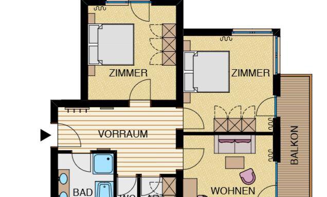A schematic representation of a floor plan for an apartment. The rooms include a bedroom, a living room, a bathroom, and two balconies. - Hotel Burgstein alpin & lifestyle - Längenfeld