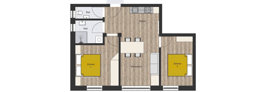 A floor plan representation of an apartment with two bedrooms, a living area, and a kitchen. All rooms are clearly arranged and the floor has a wood-look finish. - MYALPS Himmelreich - Längenfeld