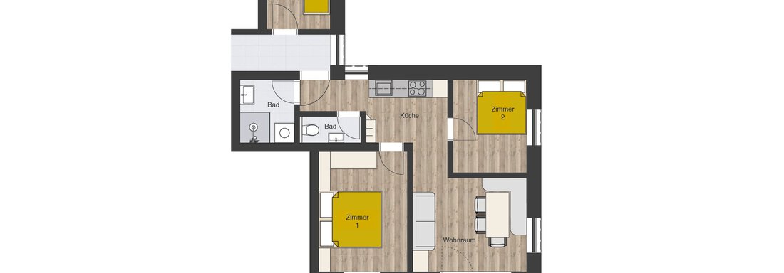 A floor plan of an apartment with two bedrooms, a bathroom, and a living area. The rooms are clearly structured and designed in a modern style. - MYALPS Himmelreich - Längenfeld