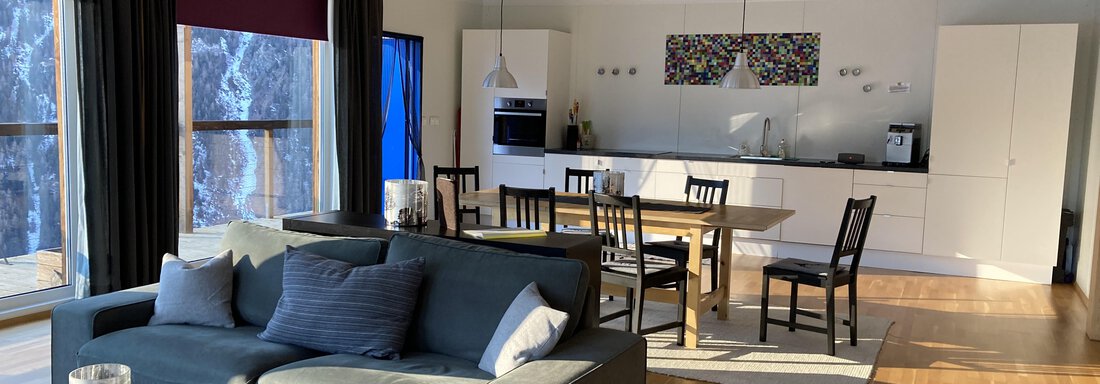 Wohnzimmer mit Küchenblock - Urlaub im Containerhaus - Längenfeld