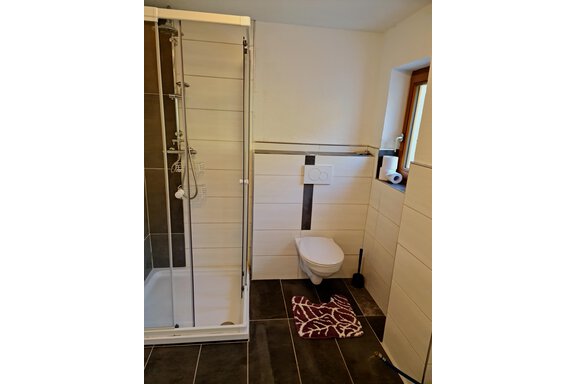 Ein modernes Badezimmer mit einer Dusche und einer Toilette. Die Wände sind hell und der Boden ist dunkel gefliest. - Apart Stefan - Niederthai