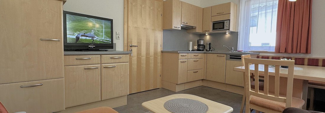 Voll ausgestattet Wohnküche mit Küchenzeile und Essbereich. Wohn-Sitzbereich mit Sofa und Fernseher. - Appartement Leiter Niki - Niederthai
