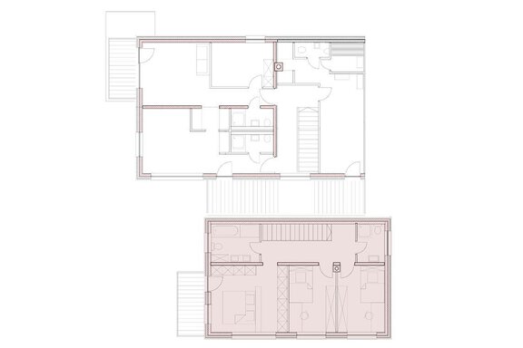An architectural floor plan with two levels. The upper level shows an open living area, while the lower level includes several rooms and a spacious entrance area. - Das Ambiente - Niederthai