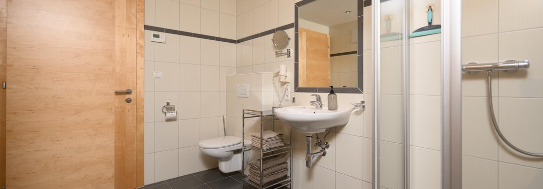 A modern bathroom with a toilet, sink, and shower. - Delano Appartements - Niederthai