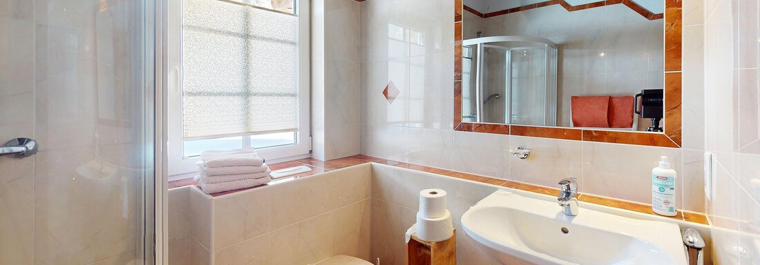 Ein modernes Badezimmer mit einer Dusche und einem großen Spiegel. Helle Fliesen und Holzdetails schaffen eine angenehme Atmosphäre. - Gipfelblick Appartements - Niederthai