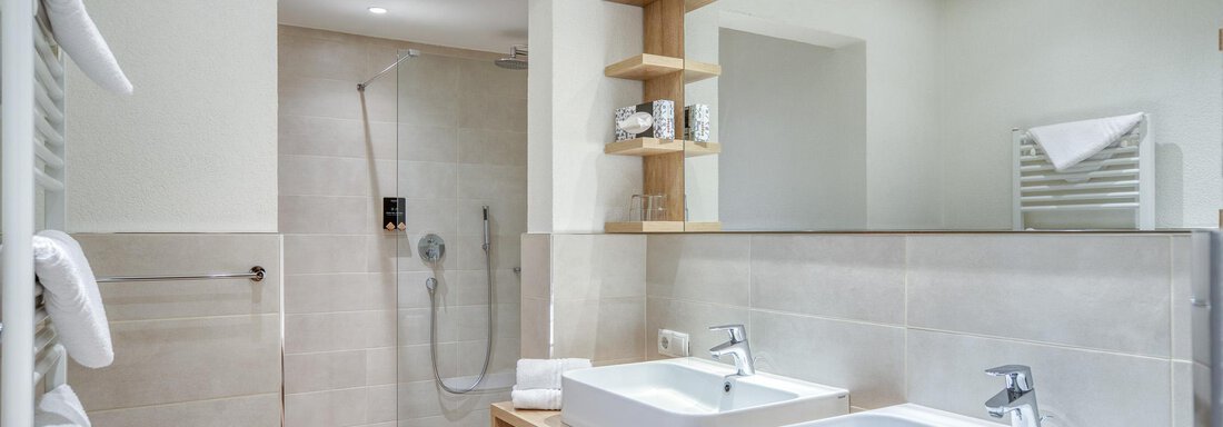 Ein modernes Badezimmer mit zwei Waschbecken und einer Regenwald-Dusche. Helle Farben und Holzdetails verleihen dem Raum eine einladende Atmosphäre. - Hotel Falknerhof, am Ursprung - Niederthai