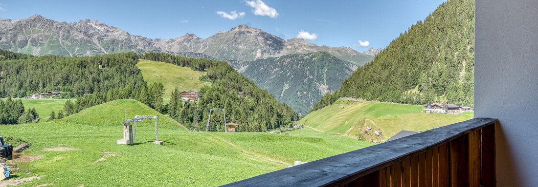 Eine Aussicht auf grüne Hügel und Berge unter einem klaren blauen Himmel. Im Vordergrund ist ein Holzgeländer zu sehen. - Hotel Falknerhof, am Ursprung - Niederthai