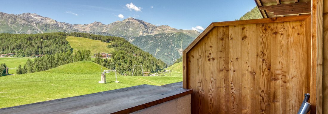 Ein schöner Balkon mit Blick auf grüne Wiesen und majestätische Berge. Der Himmel ist klar und blau, ideal für entspannende Momente. - Hotel Falknerhof, am Ursprung - Niederthai