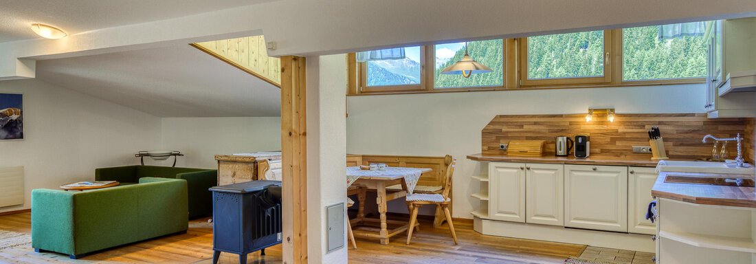 Eine helle und moderne Wohnung mit Holzfußboden. Rechts ist eine offene Küche und links ein gemütlicher Wohnbereich mit einem grünen Sofa. - Hotel Falknerhof, am Ursprung - Niederthai