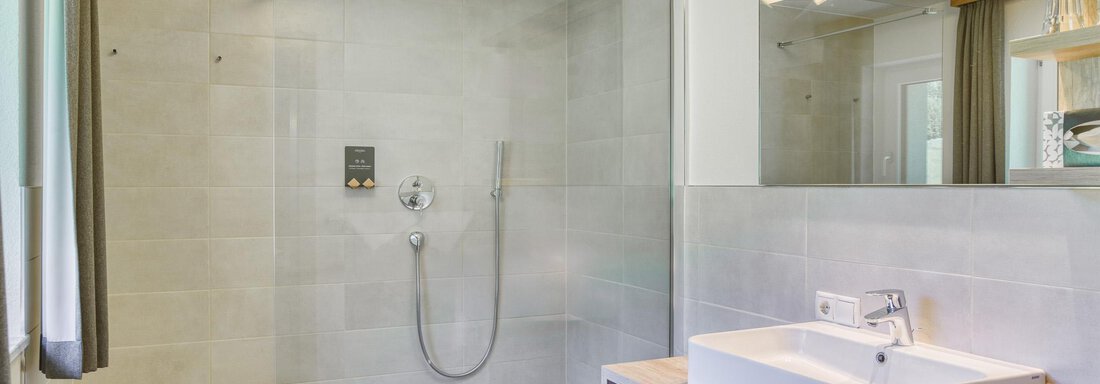 Ein modernes Badezimmer mit einer eleganten Dusche und einem Waschbecken auf einem Holzunterbau. Die hellen Fliesen und die sanierte Einrichtung verleihen dem Raum ein angenehmes Ambiente. - Hotel Falknerhof, am Ursprung - Niederthai