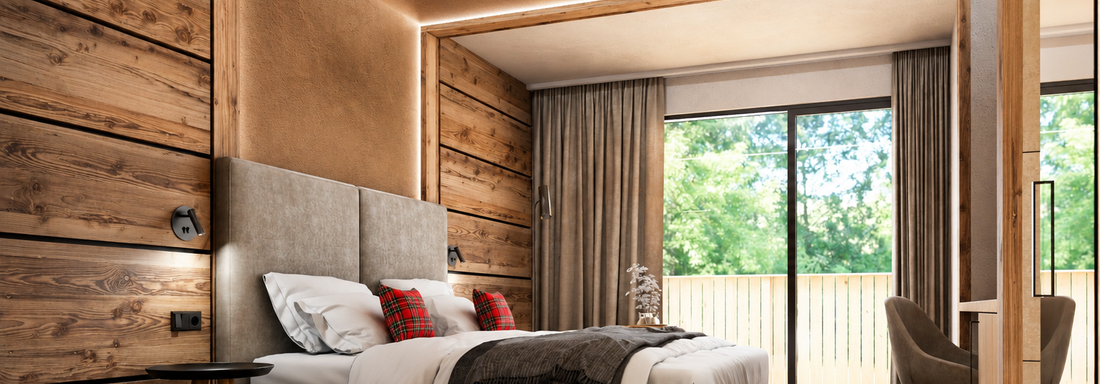 A modern furnished bedroom with wooden paneling and a large window. The bed is cozy and has rustic accents. - Hotel Tauferberg - Niederthai