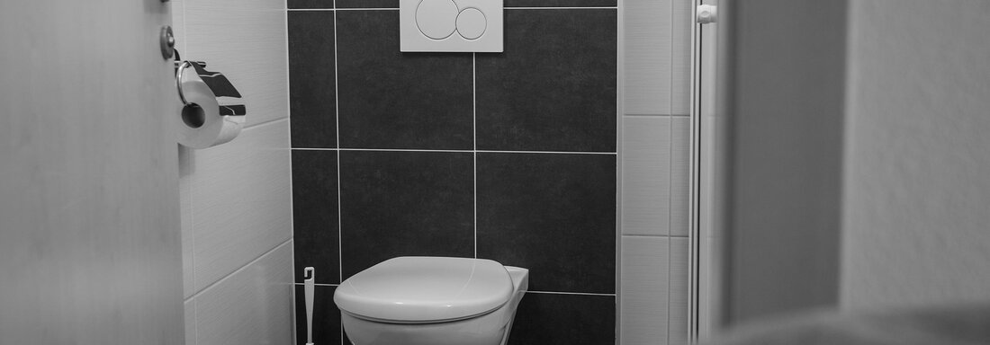 Ein modernes Badezimmer mit einem weißen WC und schlichten, dunklen Fliesen. Die Wände sind teilweise hell und teilweise dunkel gestaltet. - Sonnenhof - Niederthai