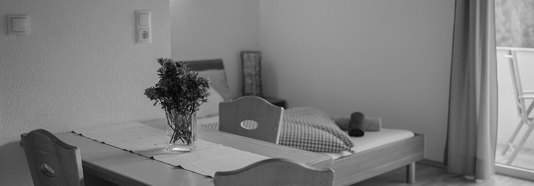 Ein einfaches Zimmer mit einem Tisch und zwei Stühlen. Im Hintergrund sieht man ein Bett mit Kissen und einen Zugang zu einem Balkon. - Sonnenhof - Niederthai