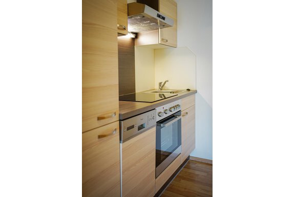 Eine moderne Küche mit Holzschränken und hochwertigen Geräten. Die Ausstattung umfasst einen Herd, einen Ofen und eine Spüle. - Sonnenhof - Niederthai