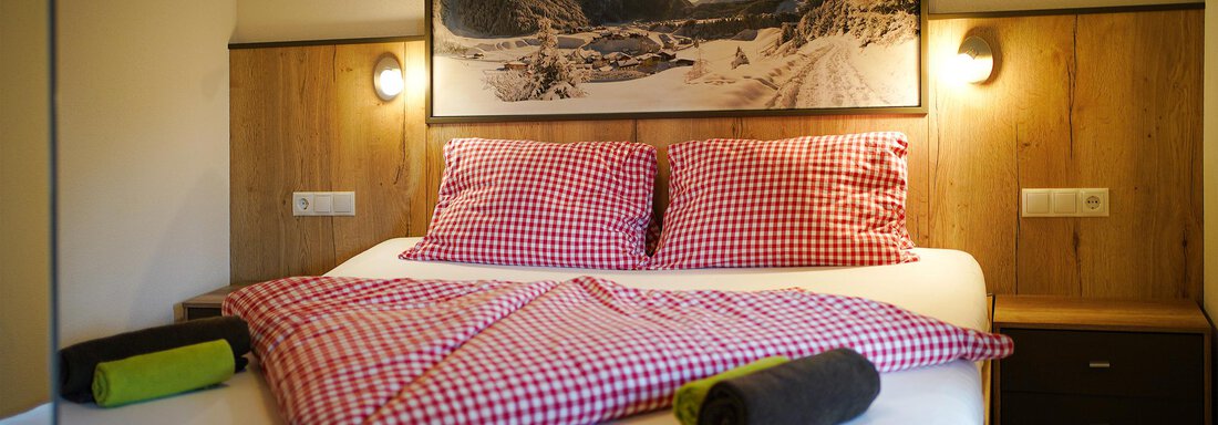 Ein gemütliches Schlafzimmer mit einem Doppelbett und karierten Bettwäsche. Im Hintergrund ist ein dekoratives Landschaftsbild und die Wände sind aus Holz. - Sonnenhof - Niederthai