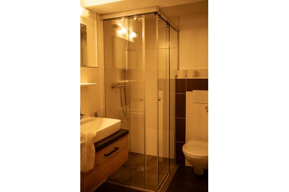 Ein modernes Badezimmer mit einer gläsernen Duschkabine und einem Waschbecken. Die Wände sind in hellen und dunklen Farbtönen gestaltet. - Sonnenhof - Niederthai