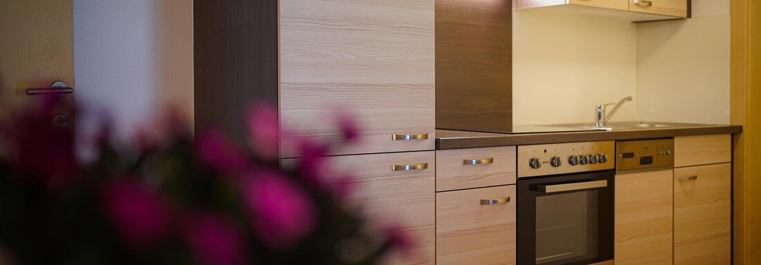 Eine moderne Küche mit Holzfronten und Edelstahlgeräten. Im Vordergrund sind unscharfe Blumen sichtbar. - Sonnenhof - Niederthai