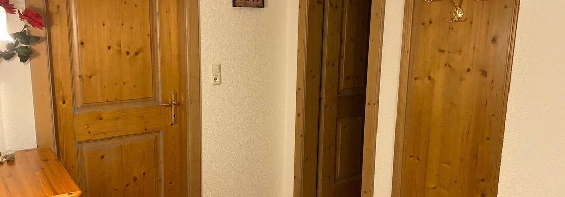 A cozy hallway with wooden doors and a carpet. Hooks for coats are hanging on the wall and there is a small table. - App. Diamant Obergurgl - Obergurgl 