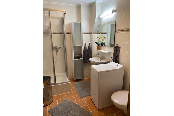 A modern bathroom with shower, sink, and toilet. The decor is bright and friendly with plants and towels. - App. Diamant Obergurgl - Obergurgl 