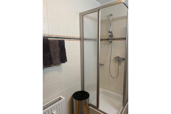A modern bathroom with a shower cabin and gray towels. The walls are brightly tiled, and there is a radiator as well as a round waste bin. - App. Diamant Obergurgl - Obergurgl 