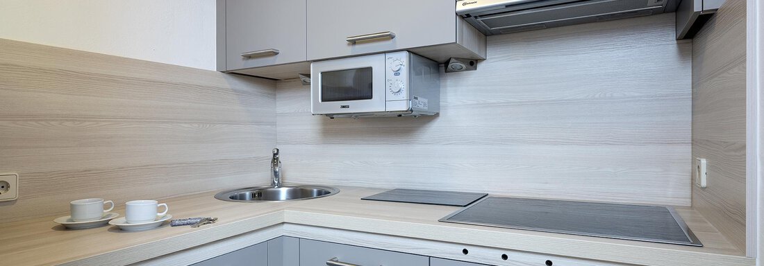 Küche A modern kitchen with gray cabinets and a stove. On the countertop are two cups and a microwave. - Appartementhaus Schalfblick - Obergurgl