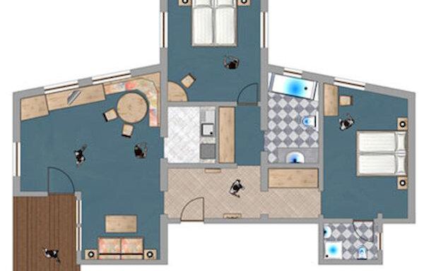 A floor plan of an apartment with multiple rooms. The rooms are clearly arranged, including kitchen, living area, and bathroom. - Appartementhaus Schalfblick - Obergurgl 